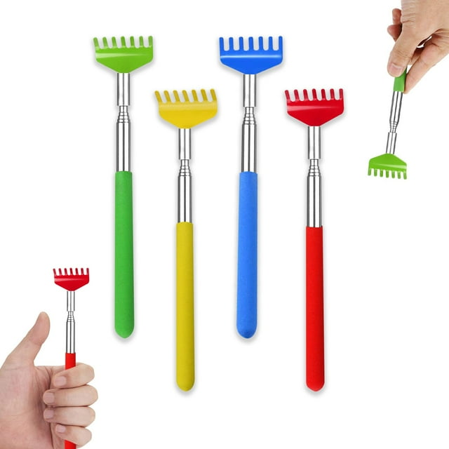 Portable Telescopic Metal Back Scratchers, 4 Pack Multi-Colored Back Scratchers for Itch Relief, Extendable Hand Massager with Rubber Handles for Men Women